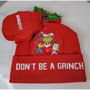 Dr. Seuss Don't Be A Grinch Kids Beanie Hat & Gloves Gift Set Red NWT Cap